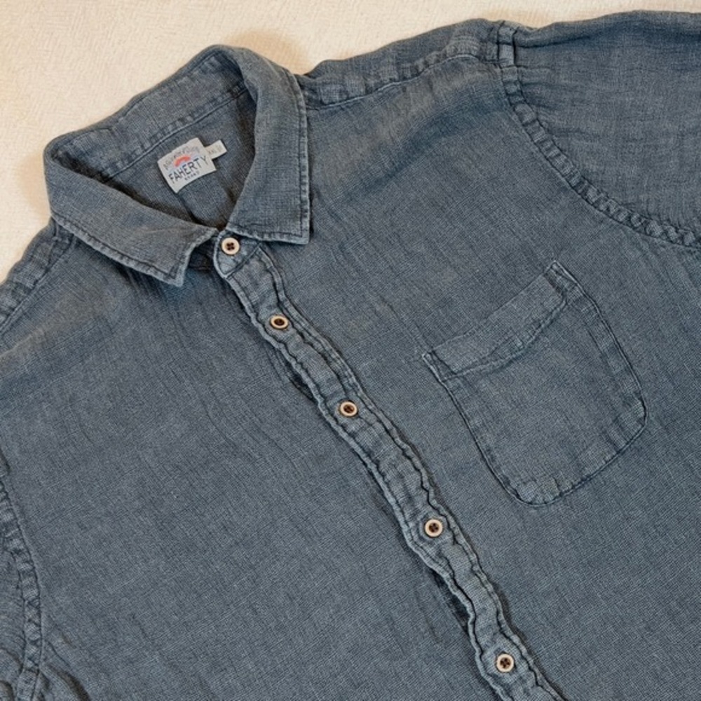 Faherty Palma 100% Linen‎ Button Up Short Sleeve Shirt Mens Basketweave Size XXL